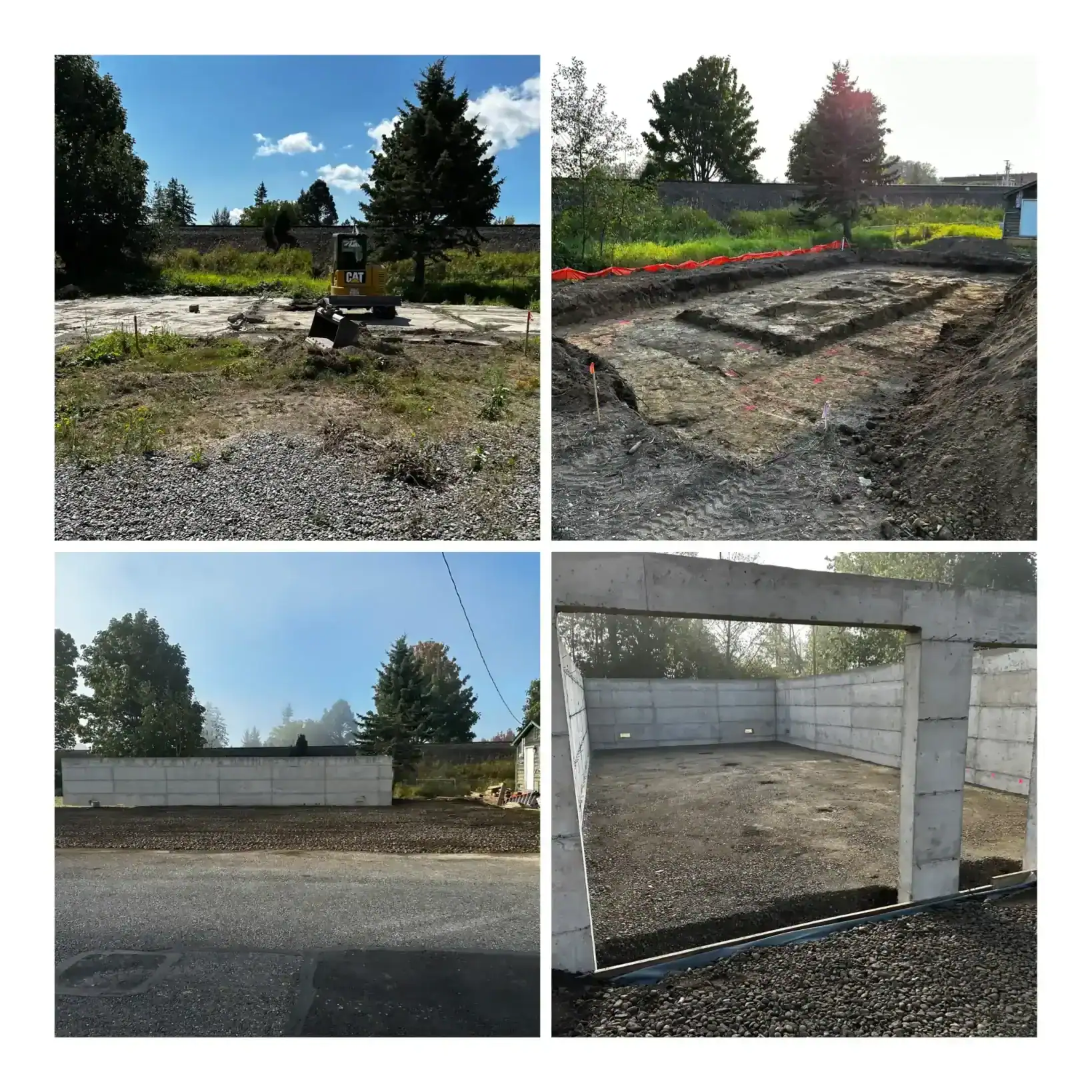 Excavation vs. Grading: What's the Difference? 3 Four photos showing different stages of foundation construction: clearing land, digging, laying concrete walls, and building a gravel base inside the walls.